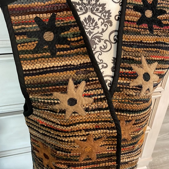 Boho Leather Vest Womens Size M Starburst Colorful Striped by AJ Open - Picture 3 of 6